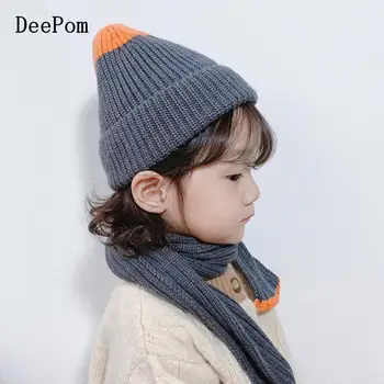 

DeePom Hat And Scarf For Children Knit Hat Girls Boy Kids Autumn Winter Mix Color Two Piece Set Winter Accessories Thick Warm