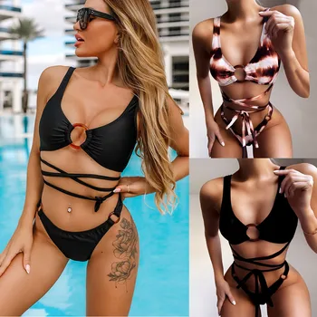 

2020 Newest Women Bathing Suit Bandage Hollow Out Sexy Bikini Push-Up Pad Swimwear Choker Swimsuit Printed Beachwear Set Biquini