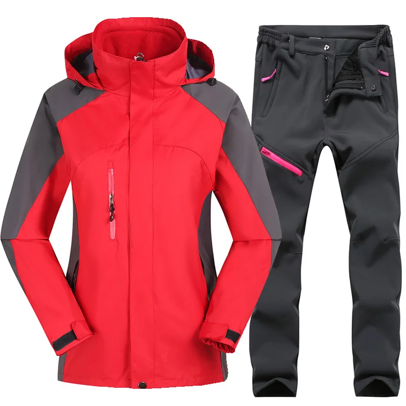 Зимний лыжный костюм для женщин, лыжный и сноубордический комплект, утолщенные теплые водонепроницаемые ветрозащитные лыжные куртки, костюмы, уличные зимние куртки+ брюки - Цвет: Red     Gray