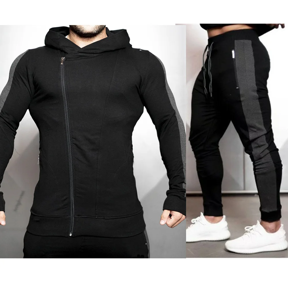 Black (Set) Спортивные костюмы мужская спортивная одежда для бега костюмы толстовка спортивные штаны тренажерный зал Фитнес Тренировочные толстовки и брюки наборы мужская Беговая одежда - Цвет: Black (Set)