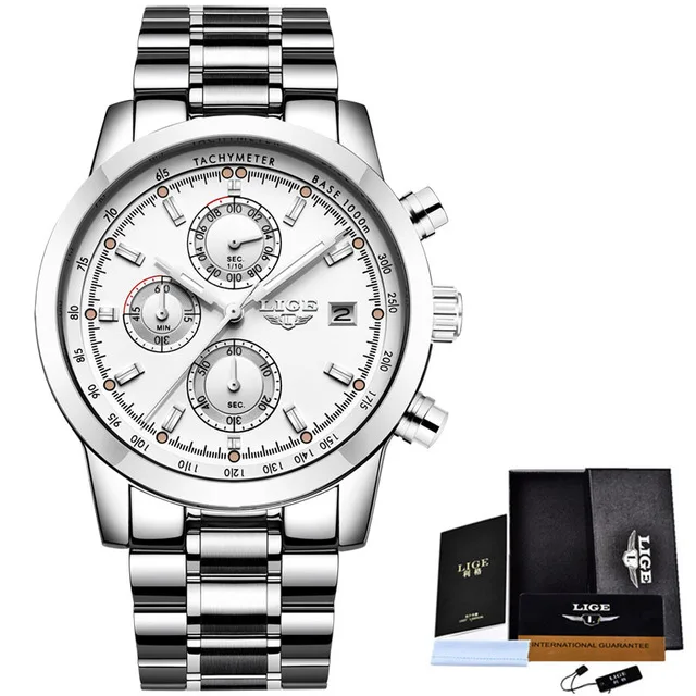 silver white Relogio Masculino LIGE модный хронограф спортивные мужские часы лучший бренд Роскошные Кварцевые часы Reloj Hombre saat часы+ коробка - Цвет: silver white