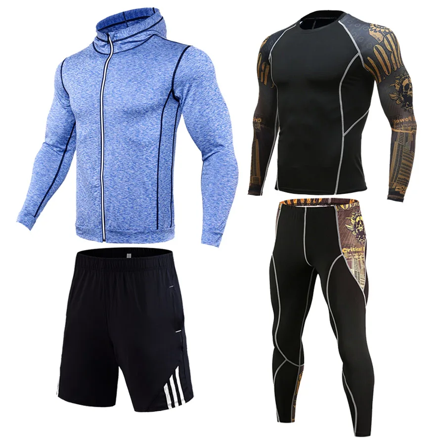 Осенне-зимний беговой костюм, 1-4 предмета, спортивный костюм, мужские спортивные колготки, толстовка с капюшоном, пуловеры, леггинсы, спортивные комплекты для бега, S-4XL