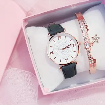 

Women Watch Set 2020 Casual Fashion Women Bangle Bracelet Watches Leather Band Simple Ladies Wristwatch Reloj Mujer Montre Femme