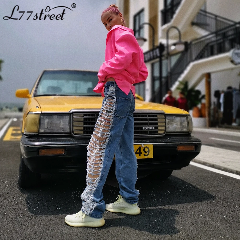 L77street осенние уличные сексуальные рваные джинсы для женщин свободные брюки в