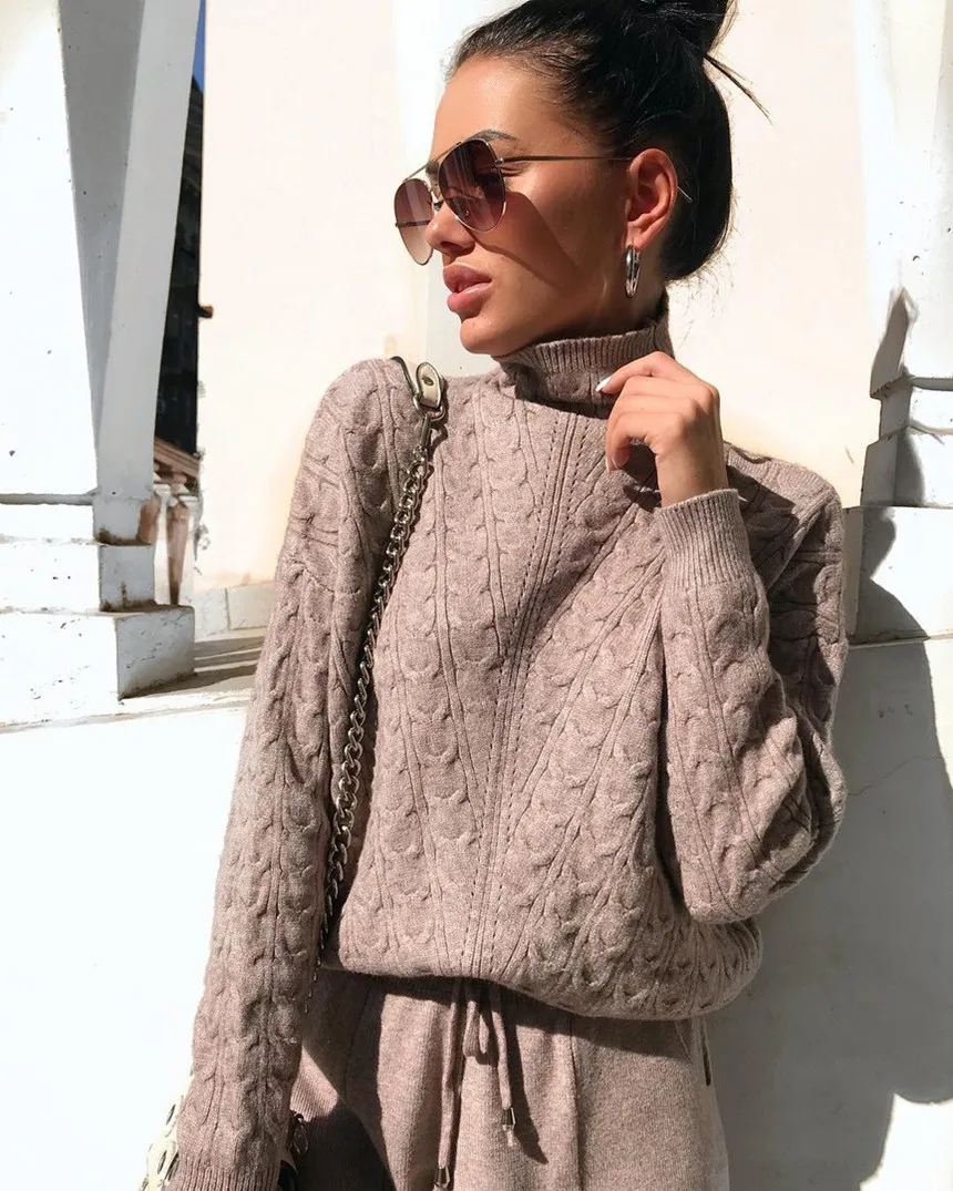 Online New Knitted 2 Pcs Set Turtleneck Pullover Sweatshirts Women Tracksuit Drawstring Pants Suits Warm Winter Casual Two Piece Sets