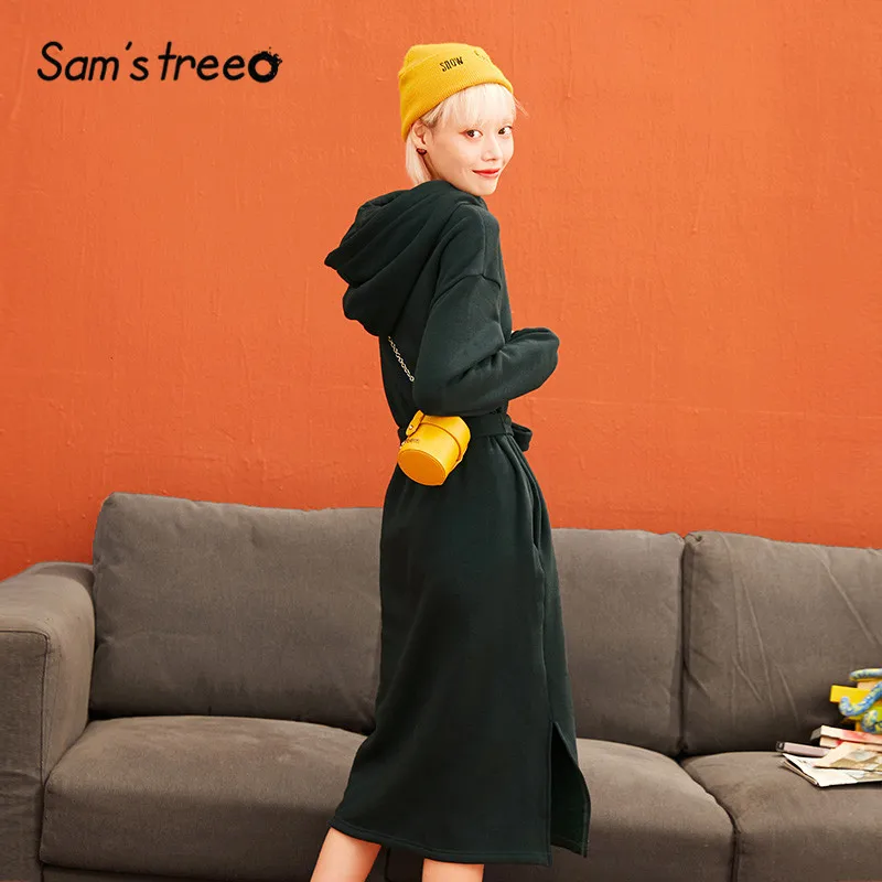 SAM'S TREE красное однотонное платье с капюшоном и принтом с героями мультфильмов для женщин зимнее зеленое повседневное свободное офисное Повседневное платье с поясом