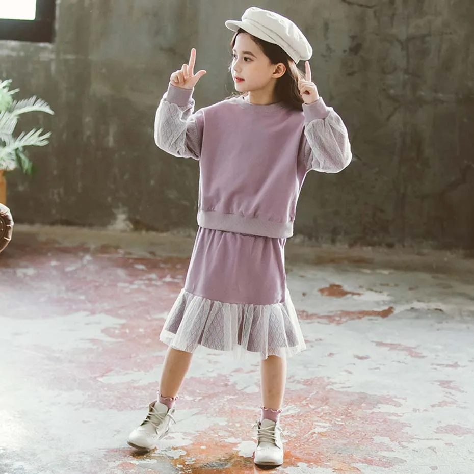 Одежда для девочек; сетчатая юбка и свитер; костюмы для девочек с эластичной резинкой на талии; Одежда для девочек-подростков; осенние модные костюмы для девочек