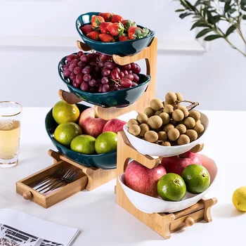 

Fruit basket creative double layer multi-layer fruit tray drawer ceramic tray bamboo frame home sushi plate storage containers