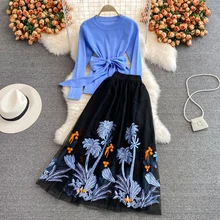 

2021 Autumn Spring Knit Tops and Embroidery A-line Midi Skirt Two piece Sets Women Runway Design Fashion Knit Set Suit S69511