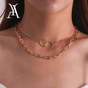 

Simple Gold Color Chunky Cuban Link Chain Choker Necklace Collar Geometric Double Circle Hoop Layered Necklace Statement Jewelry