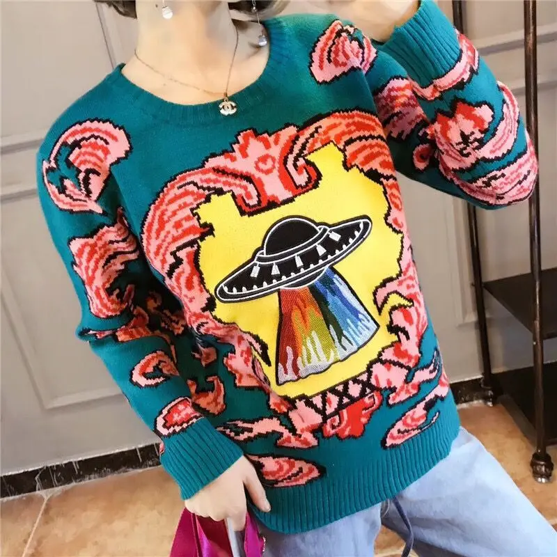 UFO Floral Embroid Graphic Green New Fall Autumn