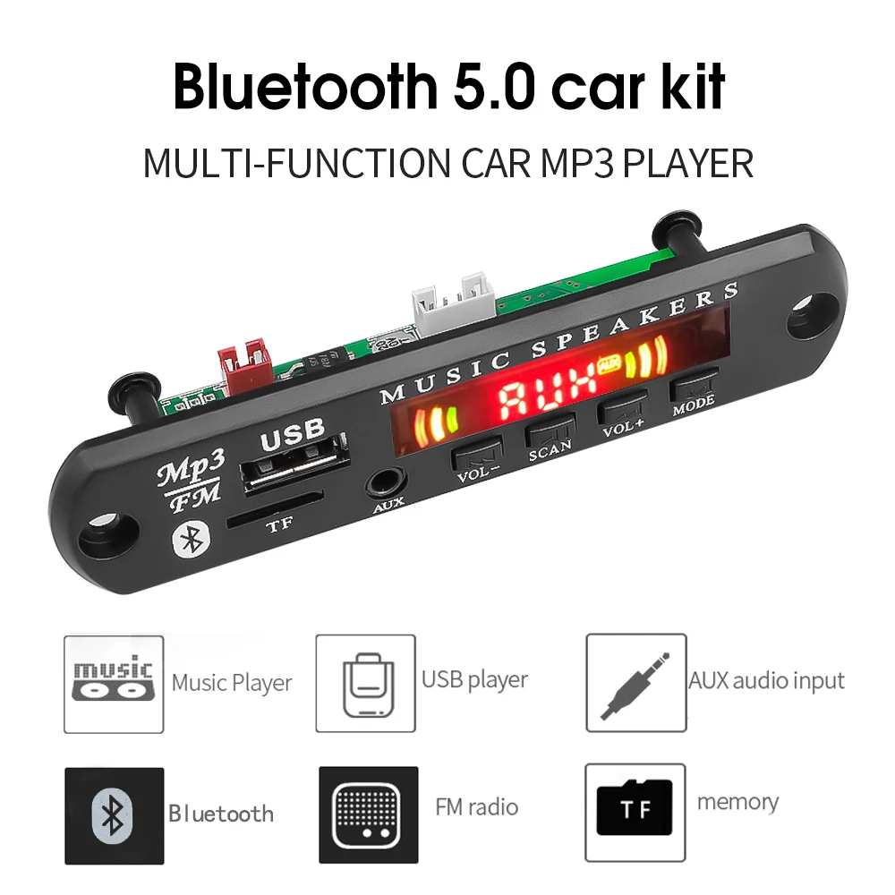 Beauneo Bluetooth5.0 Mp3 Wma Wav Decoder Scheda 5 V 12 V Modulo Audio Schermo Un Colori USB Tf FM Radio per Accessori Auto 