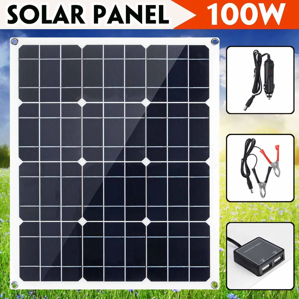 

100W Solar Panel Battery Charger High Efficiency Ultra-thin Solar Cell Board Crocodile Clips Car charger For Phone RV Car Boat
