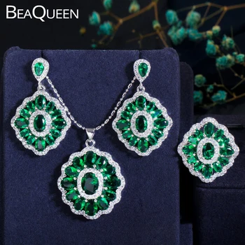 

BeaQueen Luxury Green Cubic Zirconia Stone Big Ring Earrings Necklace 3pcs Engagement Party Jewelry Sets for Women JS019