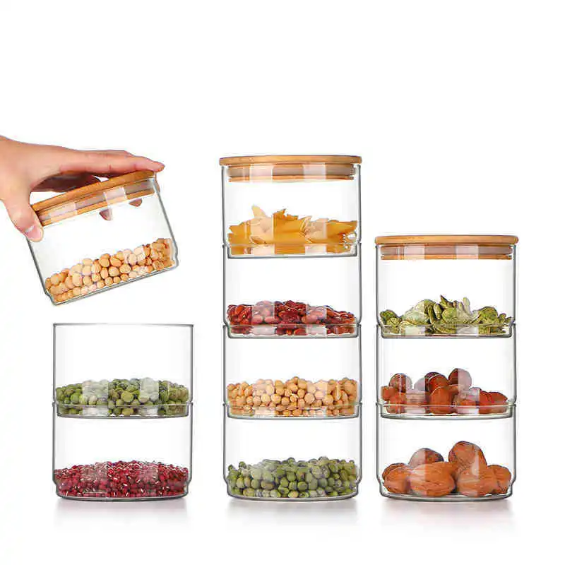 

Borosilicate Transparent Glass Storage Jar Combined Bamboo Cover Grains Sealed Jar Hand-made Tea Containers