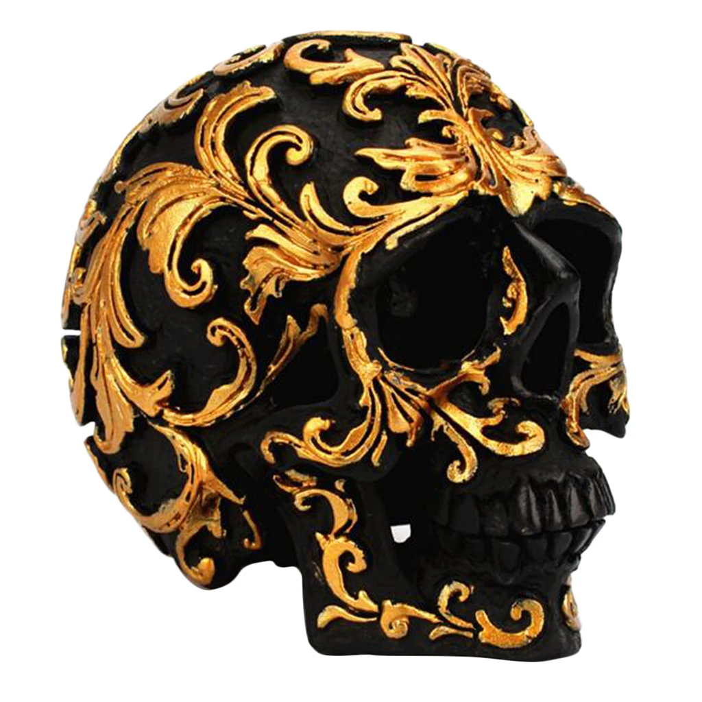 Resin Halloween Resin Skull Statue Skull Head Sculpture with Golden Flower Sign, Suitable for Home Office Table Decoration