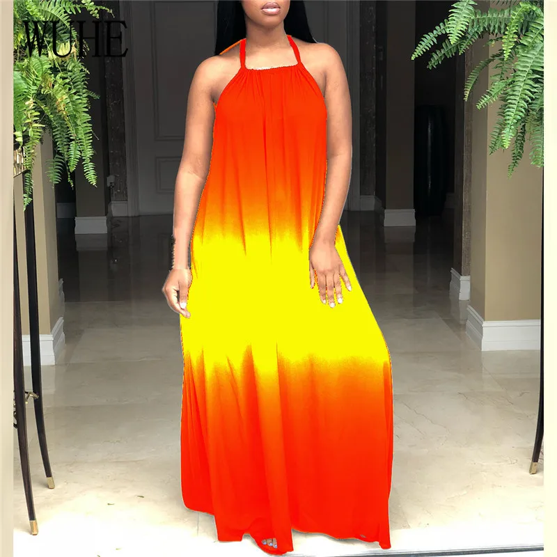 

WUHE Women Gradient Printed Halter Neck Loose Maxi Dress Backless Beach Vintage Sleeveless Casual Long Dress Vestidos