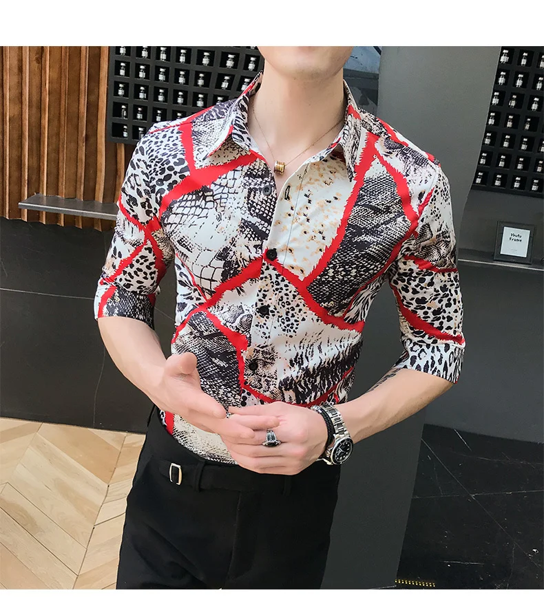 Мужская рубашка с леопардовым принтом, приталенная, короткий рукав, Camisa Masculina, новинка, Повседневная рубашка для мужчин, Клубные, выпускные рубашки, Chemise Homme