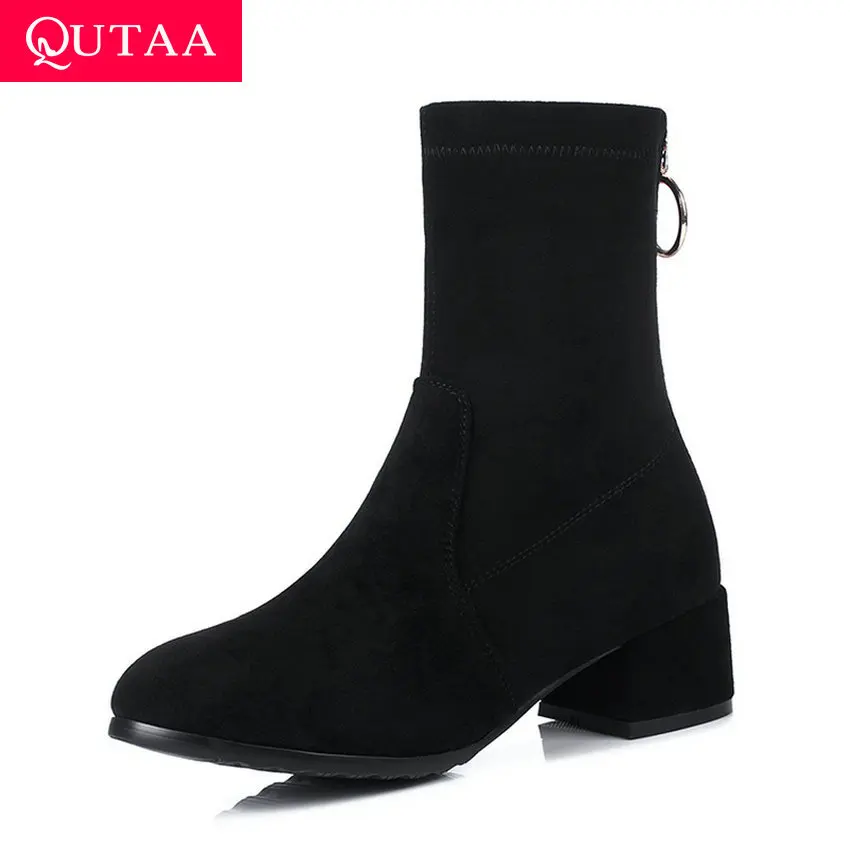 

QUTAA 2020 Zipper Square Middle Heel Casual Women Shoes Autumn Winter Stretch Flock Round Toe Fashion Ankle Boots Big Size 34-43