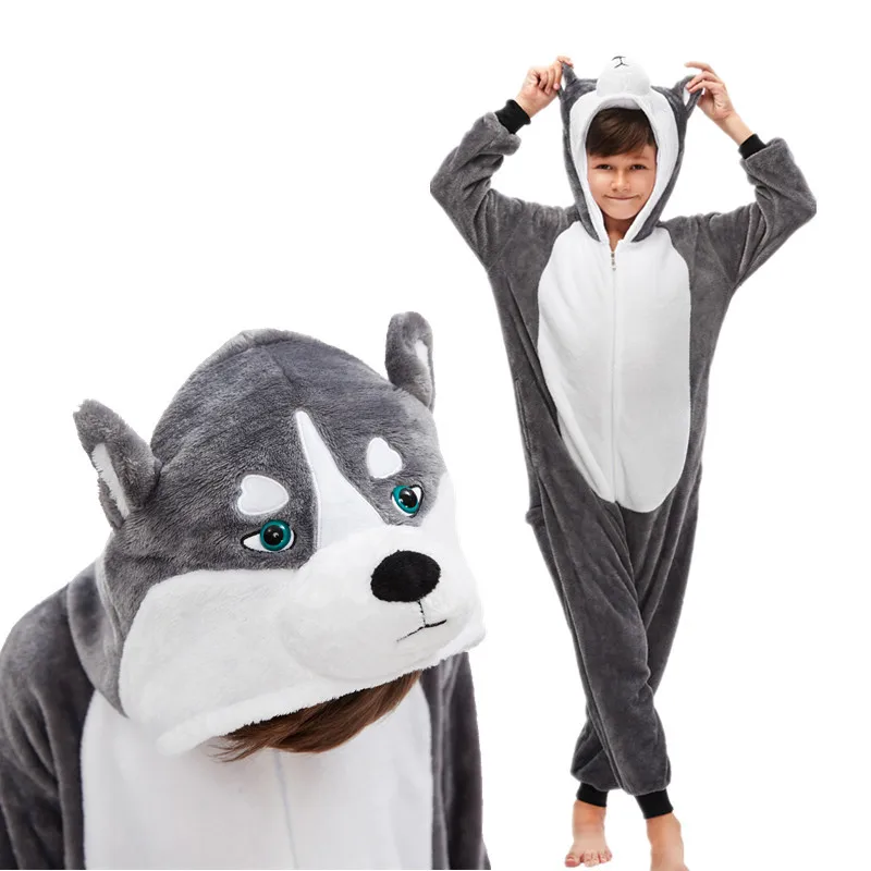 Grey dog Kigurumi/Детские пижамы с единорогом для мальчиков и девочек; одеяло с рисунком животных; зимние пижамы для малышей; пижамы с единорогом - Цвет: Grey dog