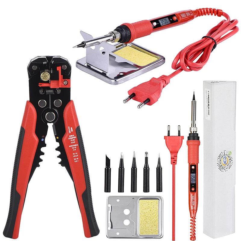 

QHTITEC multifunction wire stripper Crimper Cable Cutter Automatic Crimping Pliers tool LCD 80W soldering iron hand tool