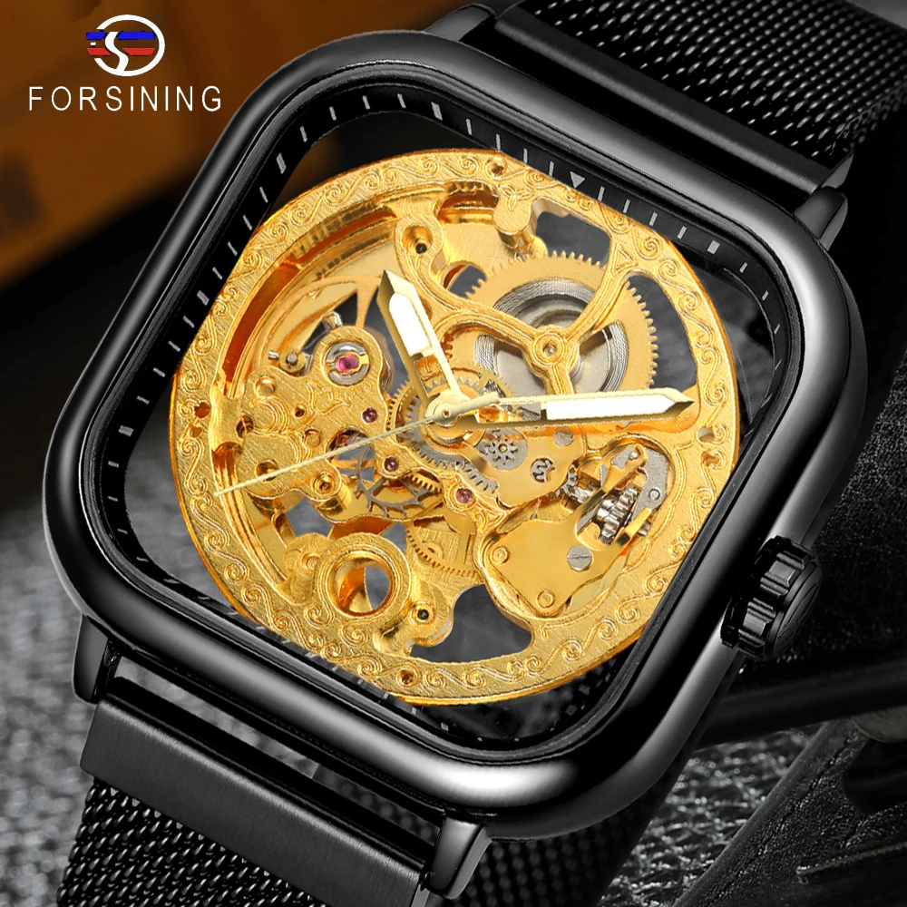 

Forsining Hot Sale Men Automatic Watch Square Slim Black Stainless Steel Mesh Band Mechanical Skeleton Wristwatch Clock Dropship