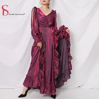 

Double Strawberry Autumn New Fashion Elegant Women Long Sleeve Sexy Hollow Talking V-neck Ruffled Party Streetwear Long Dress