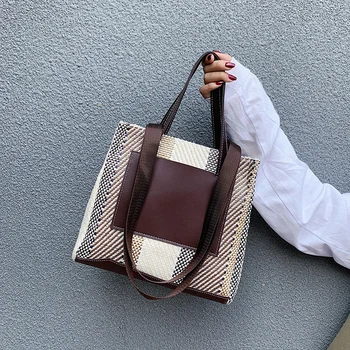 

Cotton Linen Knitting Casual Tote Women's Bag Luxury Handbags Fashion Shoulder Bag Stitched Hand Bags for Women 2020 Sac A Main