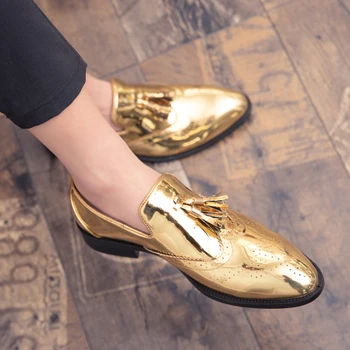 

Footwear Fashion Patent Leather Shoes Brand Gold Driving Flats club party Loafers Men shoes Runway Elevator Luxury big size 47 4