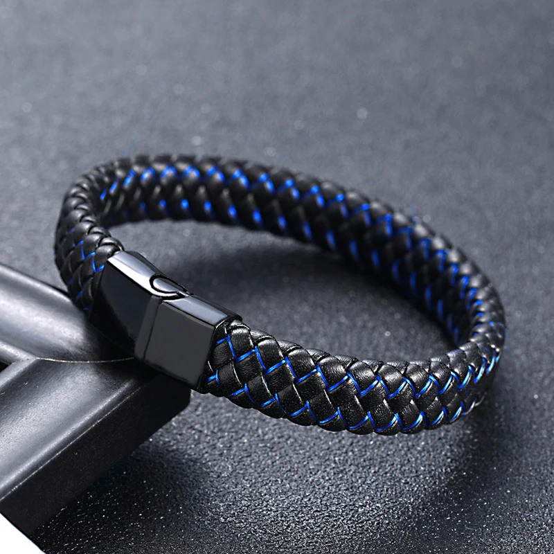 2019New Men Jewelry Punk Black Blue Braided Leather Bracelet for Men Fashion Bangles GiftsStainless Steel Magnetic Clasp - Окраска металла: Black Blue