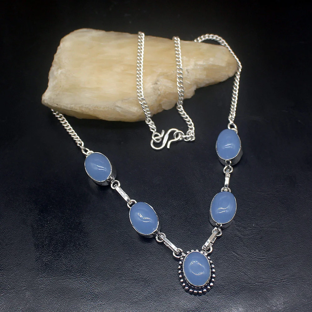 Gemstonefactory Jewelry Big Promotion 925 Silver Vintage Trendy Blue Agate Hot Sale Ladies Women Chain Necklace 44cm