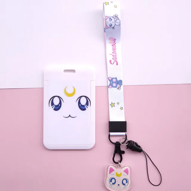 Anime Kawaii Cartoon Moon Cat Lanyard Wristband Credit Card ID Holder Bus Pass Staff Name Tag Badge Holders for Girls A
