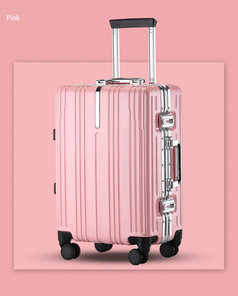New Aluminium alloy Drawbar Luggage Hardside Rolling Trolley Luggage Suitcase 20'' Carry on Luggage 22''24''26'' Checked Luggage - Цвет: Pink