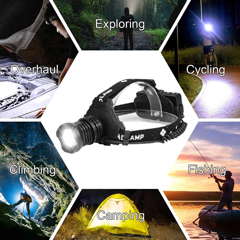 XHP70 USB Charge Zoom Torch Portable 2000Lm Flashlight Lamp 5 Modes Smart Camping Adventure Fishing Head Headlight