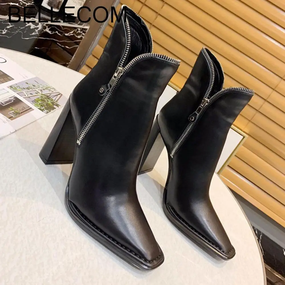 

BELLECOM New Women's Dermis Tip-toed Rough-heeled Bare ankle black high heel Boots for women British Zipper Martin Boots