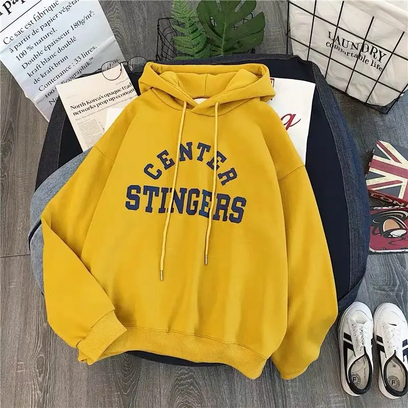 Ins super fire plus velvet thick women casual wild autumn and winter tide Korean version of the loose shirt hoodie jacke - Color: Yellow