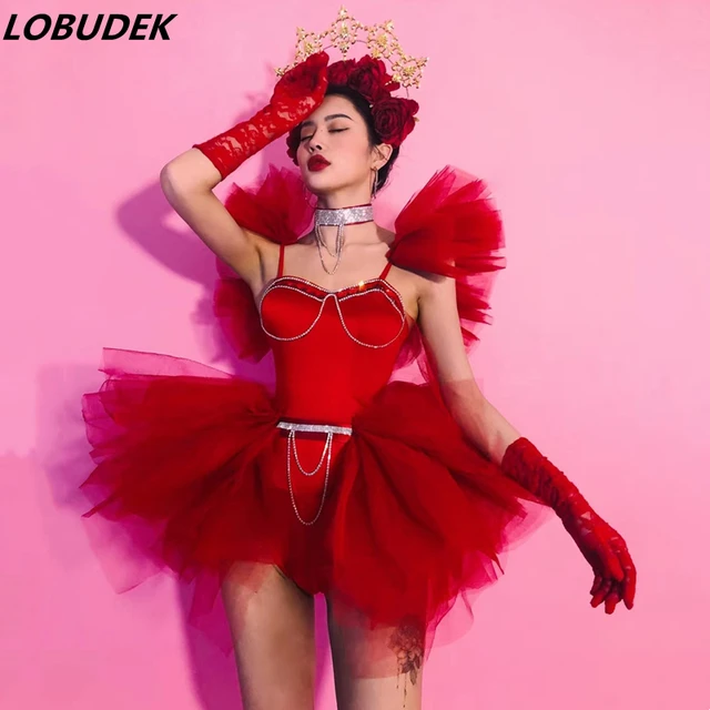 Body de falda de tutú rojo para mujer, traje de baile de Club