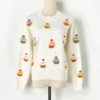

3D Hand Crochet Ice Cream Pullover Sweater 2019 Autumn Women Embroidery Jumper Cute Black Jumpers Ladies Knit Top Knitwear P-089