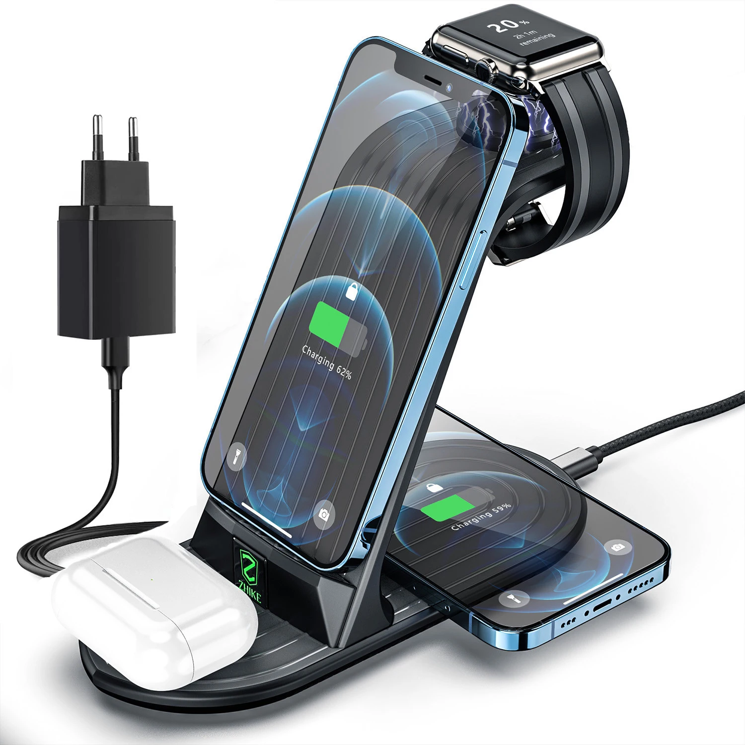 Wireless Charger 4 in 1 Fast Charging Station for Apple Watch Series 6/5/4/3 iPhone 12/11 Pro Max/SE/XS/XR/8 Plus/AirPods 2/1