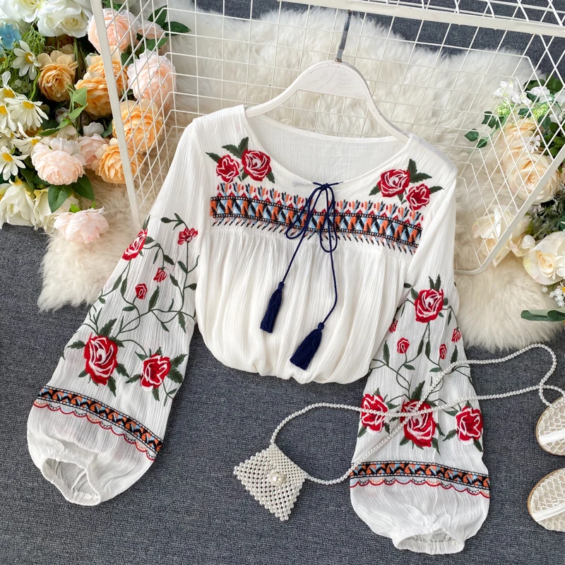 2020 Spring Indie Folk Women Blouse Fashion Embroidery Flowers Lace-up Shirt Ladies Casual Loose Pullover Leisure Shirt Fashion 2020 Spring Indie Folk Women Blouse Fashion Embroidery Flowers Lace-up Shirt Ladies Casual Loose Pullover Leisure Shirt Fashion