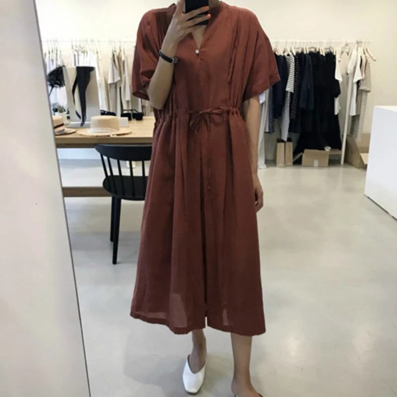 

Women Summer Long Shirt Dress V-neck Maxi Vestidos with Drawstring Red Casual Loose Robe Femme Sukienki Damskie Jurken