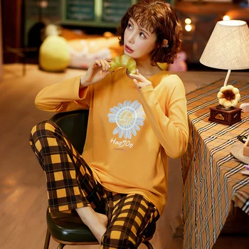 

2020 New Color Matching Sleepwear Women's Cotton Pajamas Set Long O-neck Pyjama Femme Pijama Large Size Clothes For Home