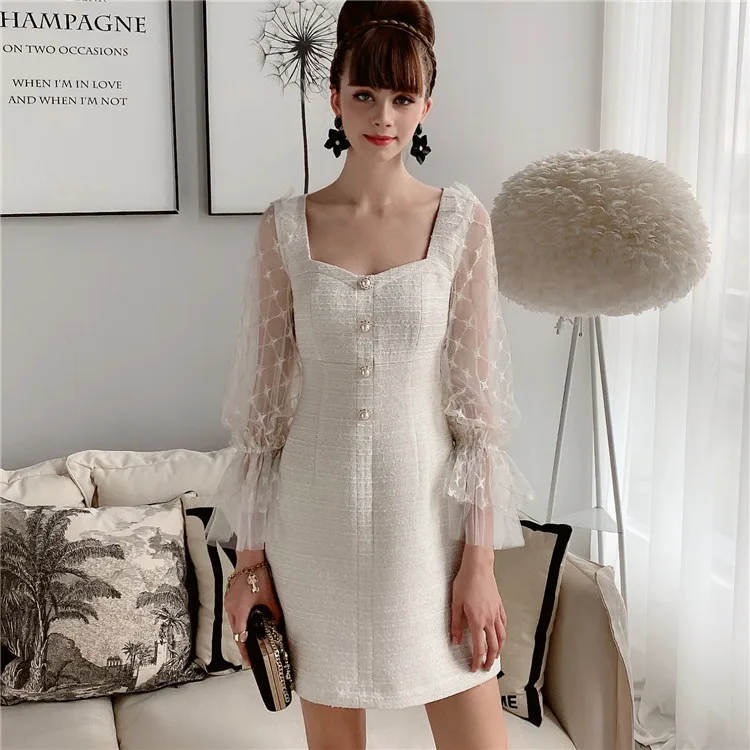 Dabuwawa Vintage Mesh Lantern Sleeve A-Line Dress Women Square Neck Button Front Elegant Solid Party Dress Ladies DT1CDR018