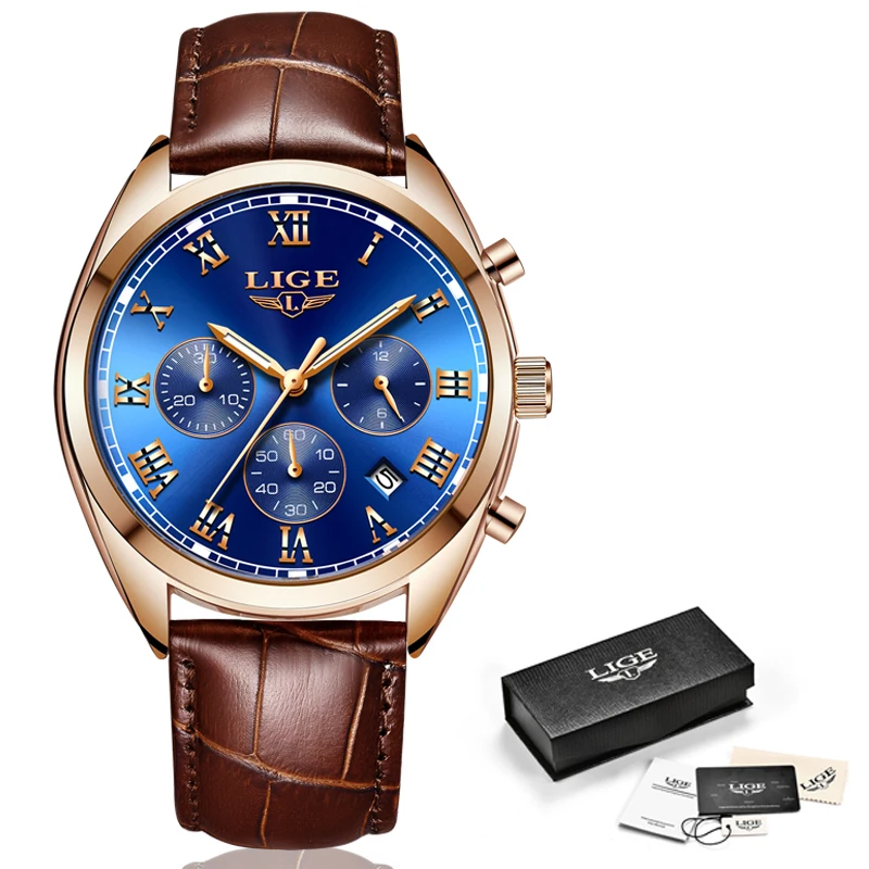 LIGE мужские s часы лучший бренд класса люкс синие часы мужские кожаные водонепроницаемые спортивные часы мужские военные хронограф часы Reloj Hombre