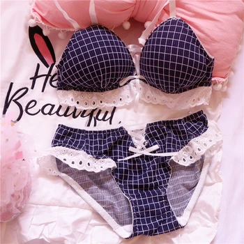 

Young Girl Ruffles Hollow Cotton Adjustable Push Up Front Bandage Bra & Panties Lingerie Set Sexy Women's Retro Plaid Underwear