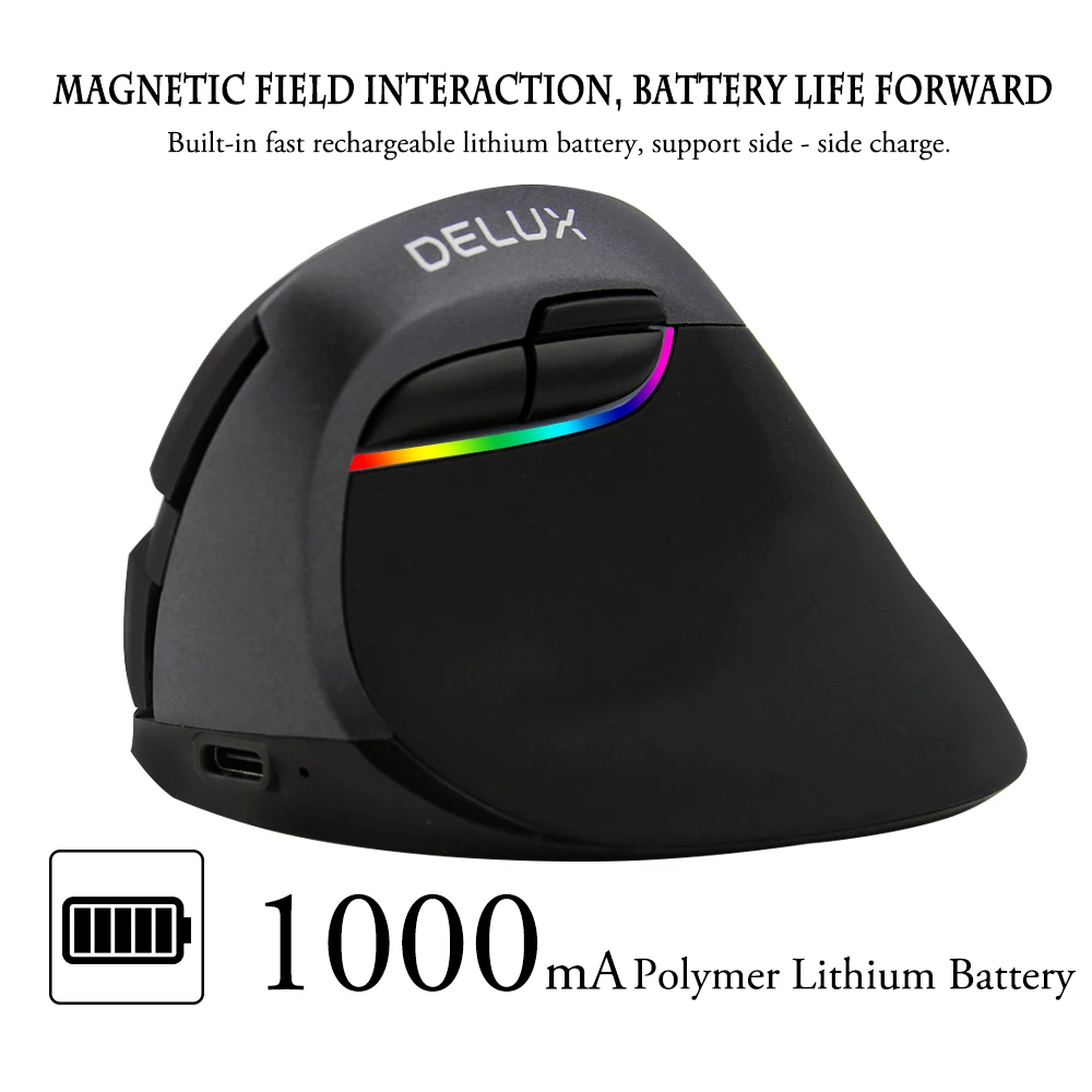 Delux M618 мини беспроводная Bluetooth 4,0 Двухрежимная перезаряжаемая эргономичная Вертикальная мышь 2400 dpi оптическая RGB игровая мышь