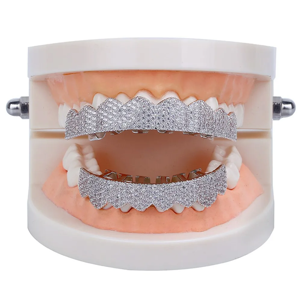 Хип-хоп Золото Серебро Цвет Iced Out Bling Teeth Grillz микро-укладка кубический циркон верхние и нижние зубы грили набор рок-Рэп ювелирные изделия