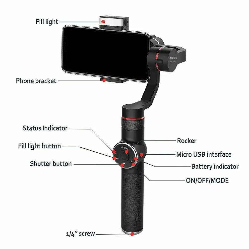 Zomei V5 Новые 3-Axis ручной шарнирный стабилизатор для камеры GoPro палка для селфи для смартфона iPhone X 8 плюс 7 6 Plus SE samsung Galaxy S9 S8 S7 S6