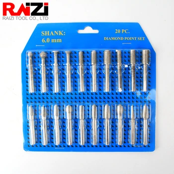

Raizi 20pcs Electroplated Diamomd Mounted Burr Drill Carving Bits 1/4" shank for Glass Metal Stone Grinding Point Set Head