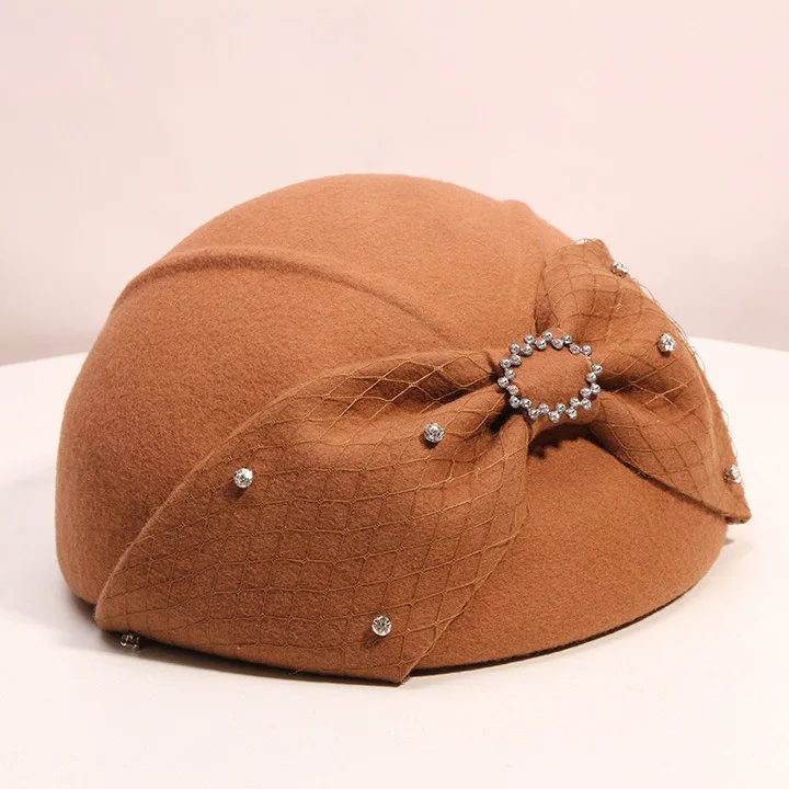 Classic Big Bow Women Beret Cap Rhinestone Fedora Hat Red Camel Grey Elegant Ladies Autumn WInter Pure Wool Stewardess Cap